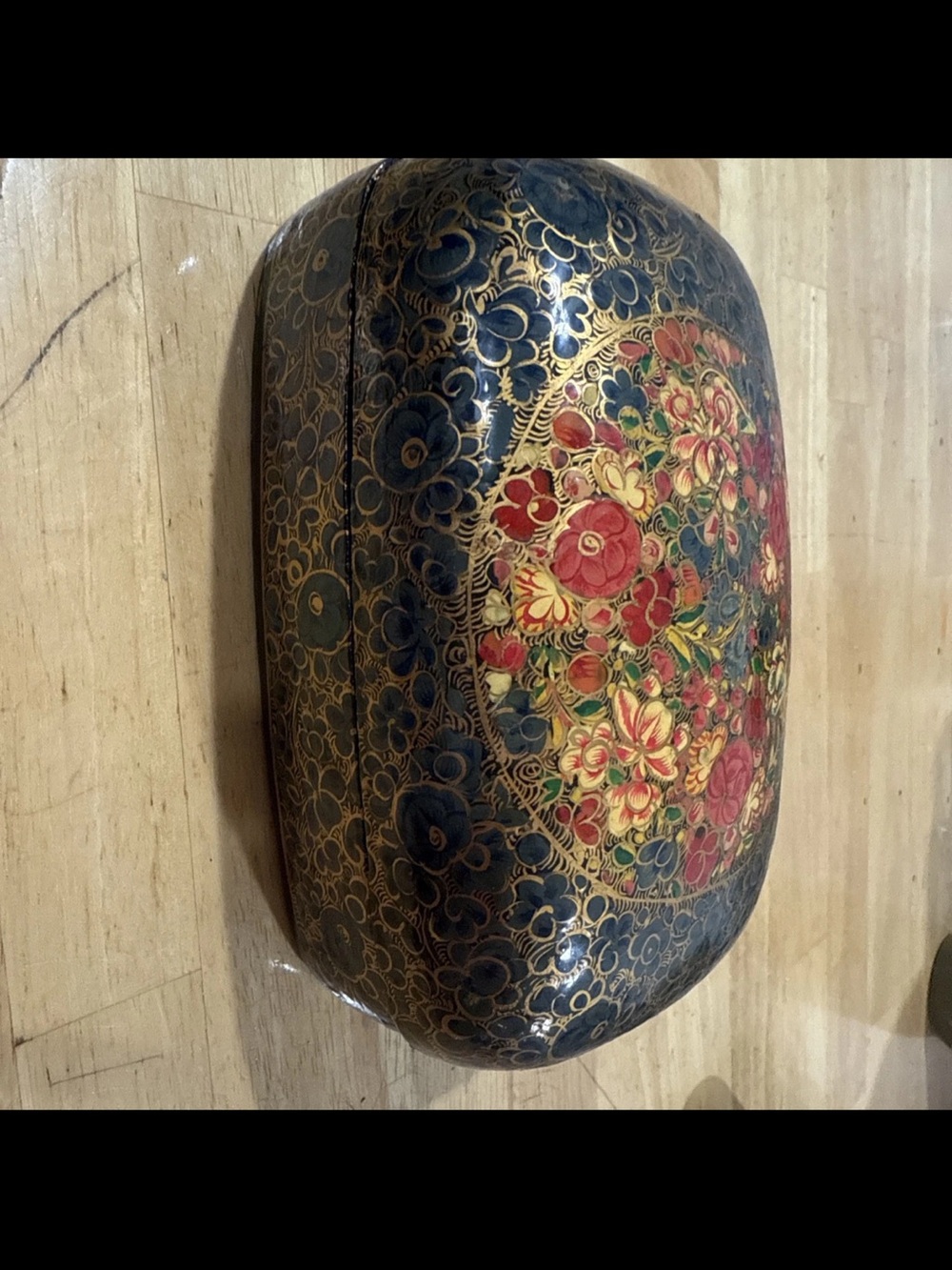 Hand-Painted Floral Lacquer Box in Black and Gold